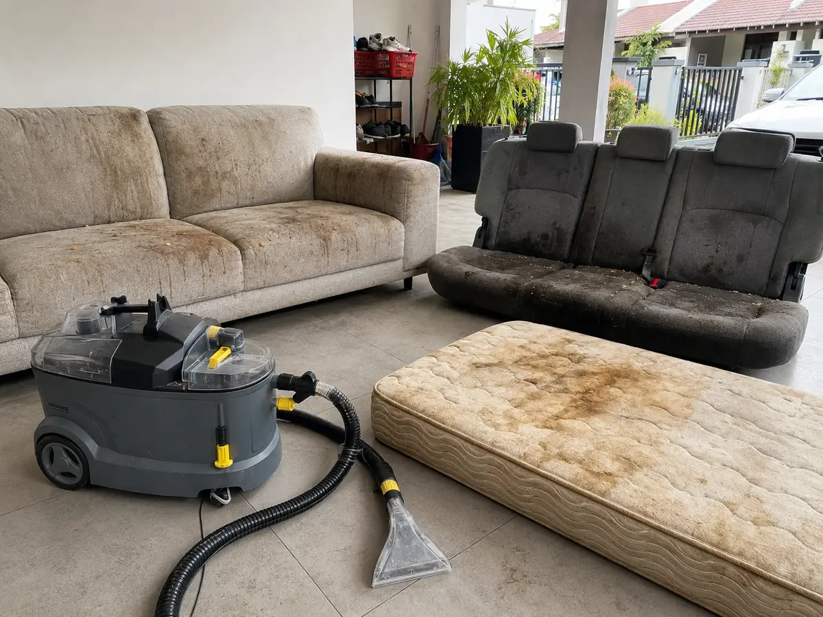 Sofa, kusyen kereta dan tilam sangat kotor bersama mesin cucian fabrik jenis Puzzi