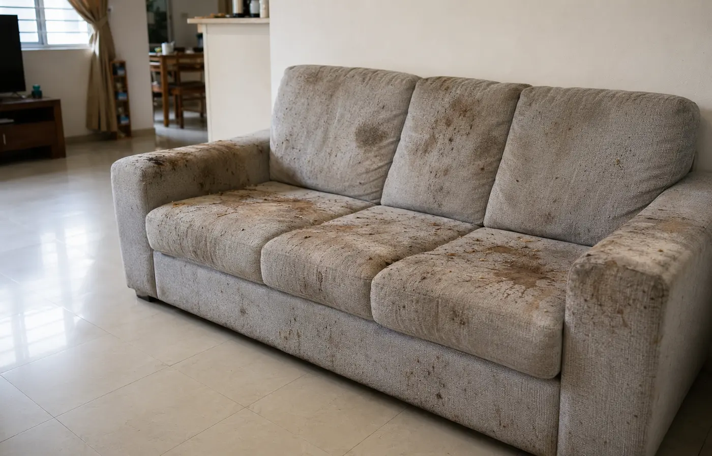 Sofa fabrik yang sangat kotor dengan kesan tumpahan dan kotoran tebal