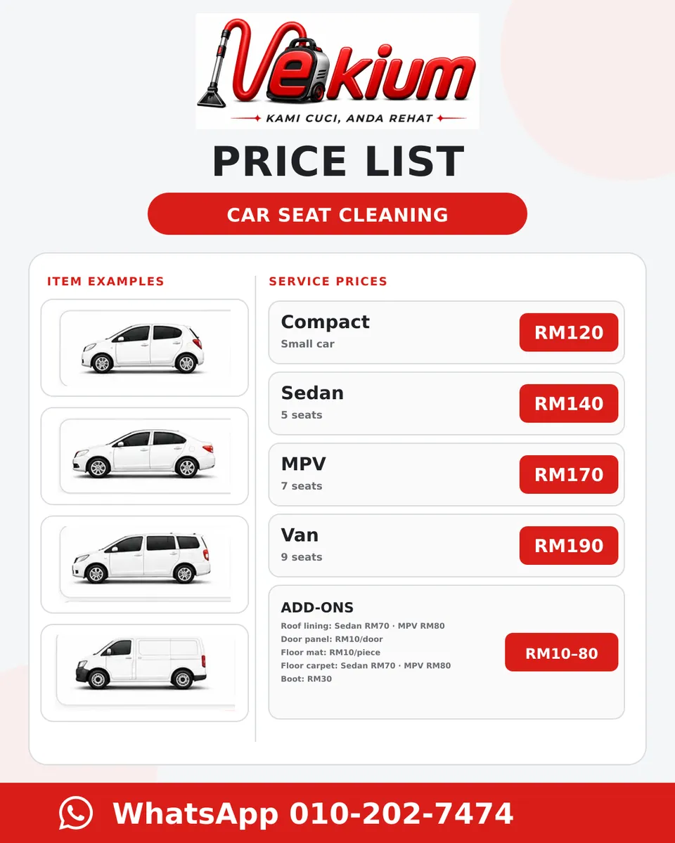VEKIUM car seat cleaning service price list