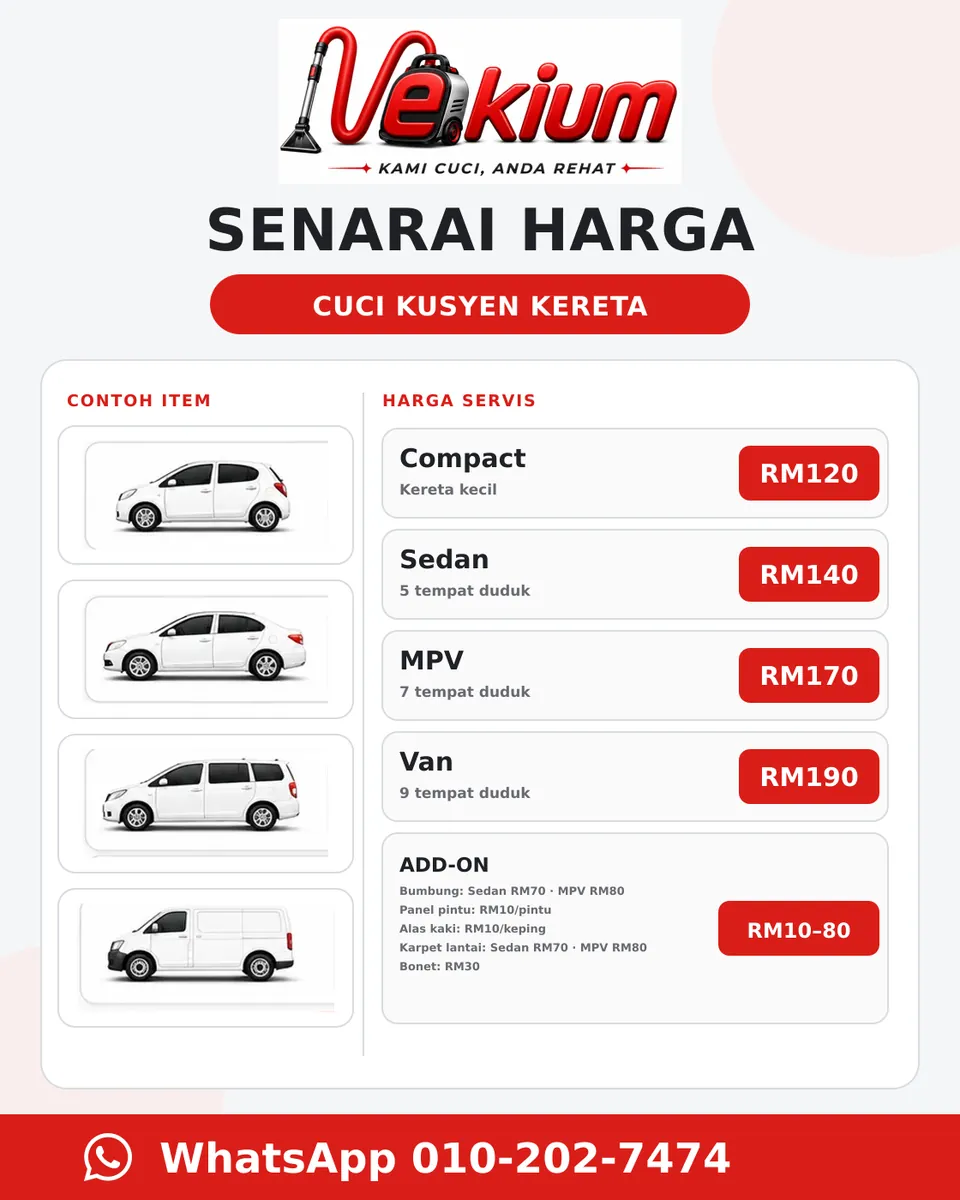 Senarai harga servis cuci kusyen kereta VEKIUM