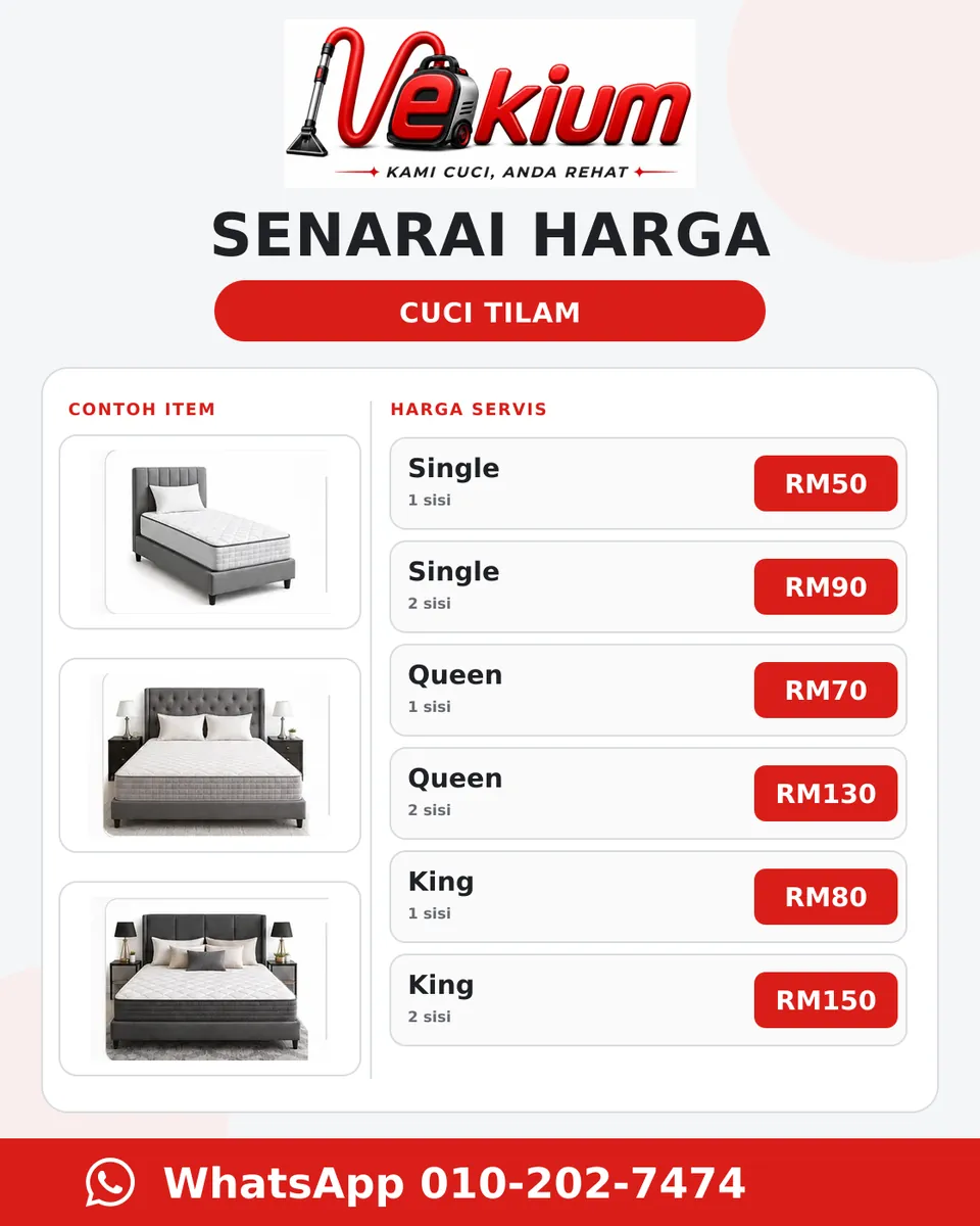 Senarai harga servis cuci tilam VEKIUM