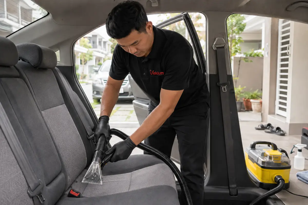 Technician VEKIUM sedang menjalankan servis cuci kusyen kereta