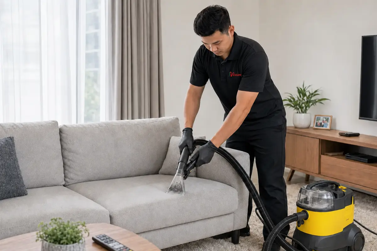 Technician VEKIUM sedang menjalankan servis cuci sofa